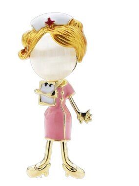 Cute Nurse Brooch with Pink and Gold Accents